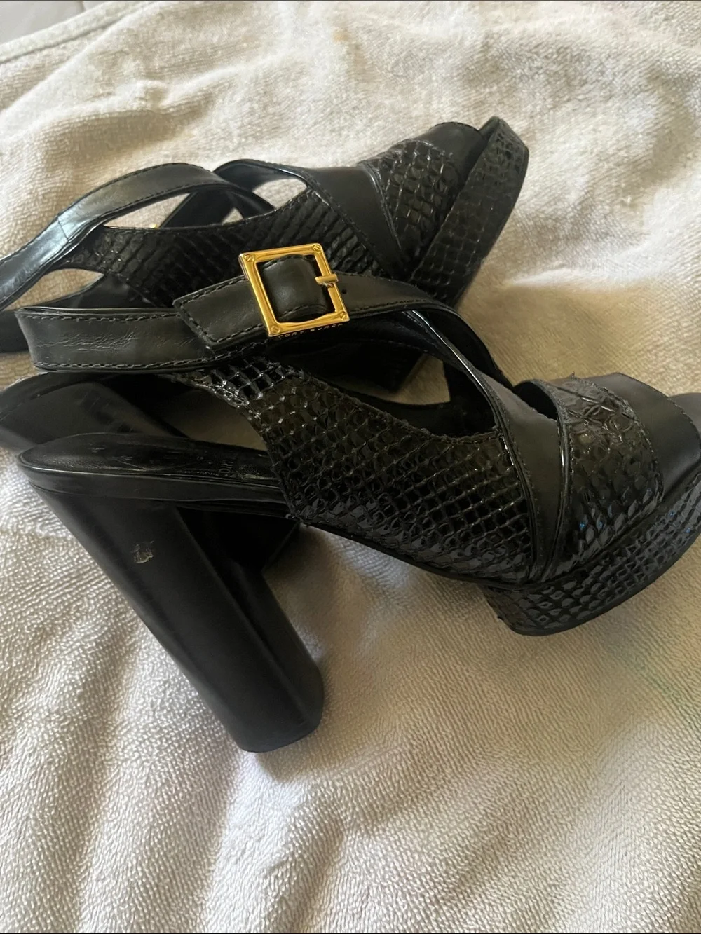 Tory Burch Black Leather Crisscross Slingback Heels with Gold Buckles